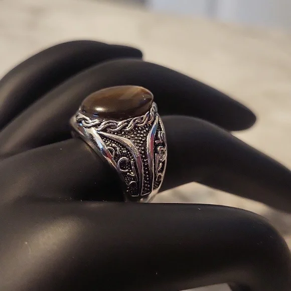 Vintage Tiger Eye Silvery Ring Bohemian Style Size 8 - Picture 8 of 17